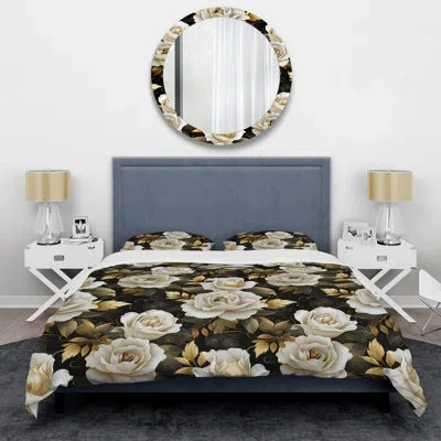 Design Art Timeless Beige Rose Elegant Bouquet Iv Duvet Cover Set In Black;beige