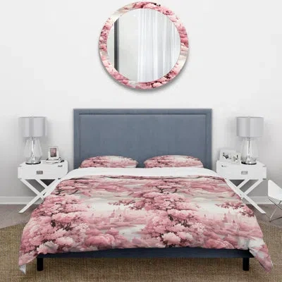 Design Art Toile Tales Victorian Castle Pattern Iii Duvet Cover Set In Pink