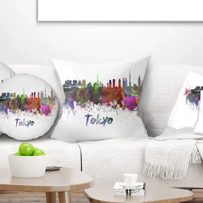 Design Art Tokyo Skyline - Cityscape Printed Throw Pillow In Yellow;purple