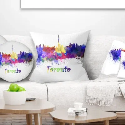 Design Art Toronto Skyline - Cityscape Printed Throw Pillow In Yellow;purple