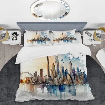 Design Art Toronto Skyline I - Usa City Skyline Duvet Cover Set - Microfiber Polyester In Blue;white