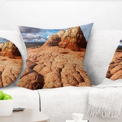 Design Art Tough Rocks In Vermillion Cliffs - Landscape Printed Pillow In Brown