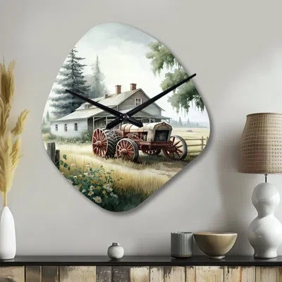 Design Art Tractor At The Barn In Summer I - Green Irregular Shape Metal Wall Clock, Traditional Asymmetrical W