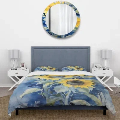 Design Art Traditional Comforter Set 4 Pcs - Yellow Blue Sunflower Golden Comforter Bedding Set In Blue;yellow