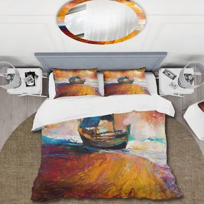 Design Art Traditional Fisher Boat During Ocean Sunset - Nautical Duvet Cover Set - Microfiber Polyester In Orange
