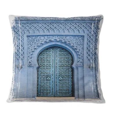 Design Art Traditional Moroccan Ancient Wooden Entry Door - Traditional Printed Throw Pillow In Blue