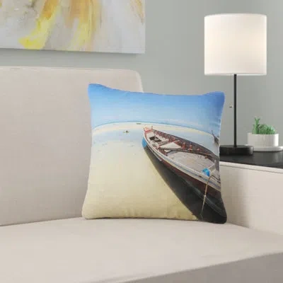 Design Art Traditional Thai Boat On Beach - Sea & Shore Printed Pillow In Blue
