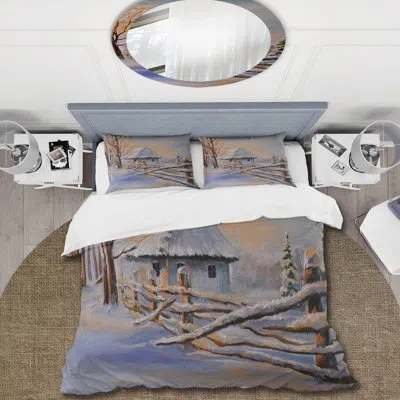 Design Art Traditional Winter Cottage Covered With Snow Ii - Traditional Duvet Cover Set - Microfiber Polyester In Gray,brown