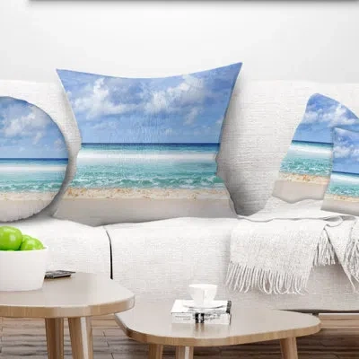 Design Art Tranquil Beach Under White Clouds - Sea & Shore Printed Pillow