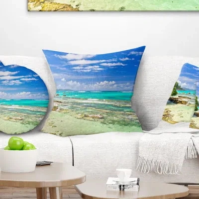 Design Art Tranquil Seychelles Tropical Beach - Sea & Shore Printed Pillow In Blue;black;brown;green;red;yellow