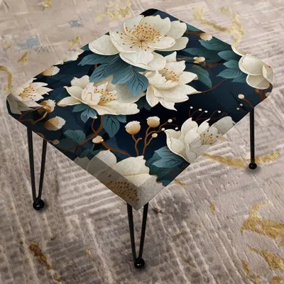 Design Art Tranquil White Peonies Abundance Zen - Floral Rectangle Ottoman In White;teal