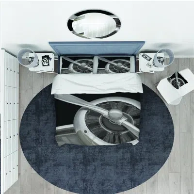 Design Art Travel By Air Grey Plane - Vintage Transportation Duvet Cover Set - Microfiber Polyester In Black