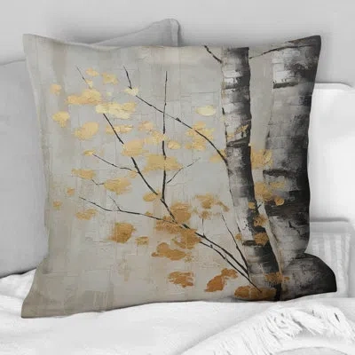 Design Art Tree Whispers Of Gray And Gold - Tree Monochrome Printed Throw Pillow