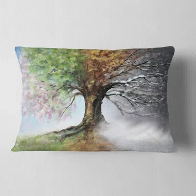 Design Art Tree With Four Seasons - Landscape Printed Throw Pillow In Green