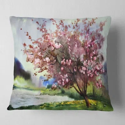 Design Art Tree With Spring Flowers - Floral Printed Throw Pillow In Green;pink