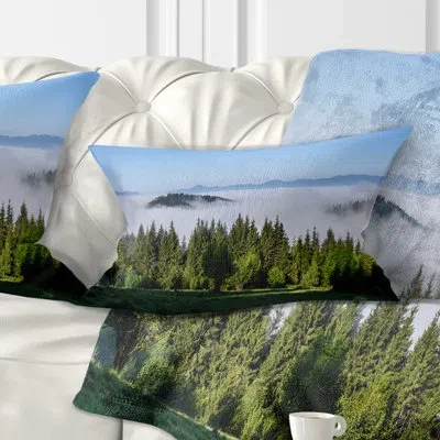 Design Art Trees And Fog Over Mountains Landscape Printed Pillow