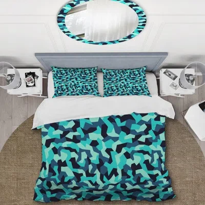 Design Art Trendy Blue Military Camouflage - Abstract Duvet Cover Set - Microfiber Polyester In Blue;black