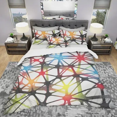 Design Art Triangular Abstract Black And White Lined 3d Illustration - Geometric Polyester Duvet Cover Set