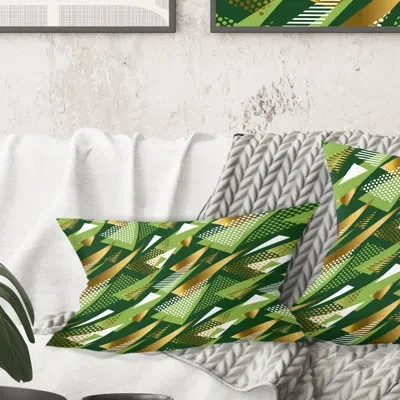 Design Art Triangular Gold And Green Design I - Mid-century Modern Printed Throw Pillow