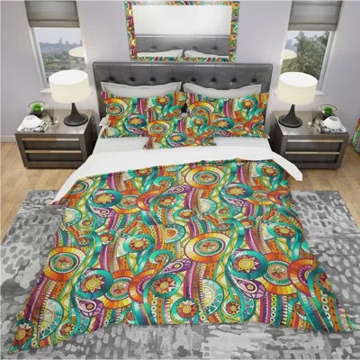 Design Art Tribal Doddle Ethnic Pattern Mosaic Elements - Abstract Duvet Cover Set - Microfiber Polyester In Yellow;gold