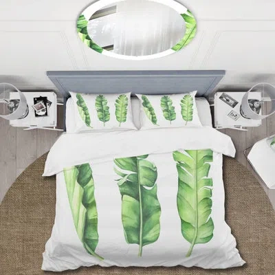 Design Art Tropical Banana Leaves Set - Farmhouse Duvet Cover Set - Microfiber Polyester In White;green