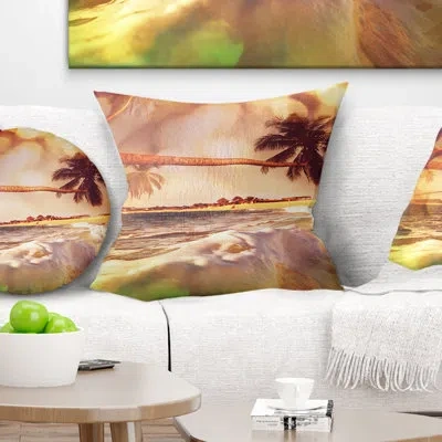 Design Art Tropical Beach With Bent Coconut Palms Modern Beach Pillow In Blue;black;brown;green;red;yellow