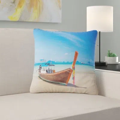 Design Art Tropical Beach With Boat - Sea & Shore Printed Pillow In Blue