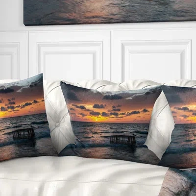 Design Art Tropical Beach With Empty Cage - Sea & Shore Printed Pillow In Blue