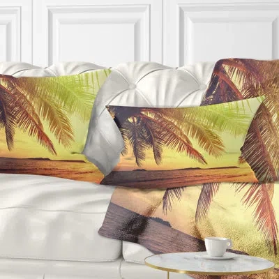 Design Art Tropical Beach With Green Palm - Sea & Shore Printed Throw Pillow