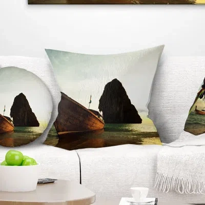 Design Art Tropical Beach With Huge Boat - Sea & Shore Printed Throw Pillow In Brown;white