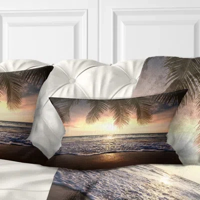 Design Art Tropical Beach With Palm Leaves - Sea & Shore Printed Throw Pillow