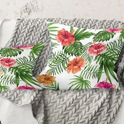 Design Art Tropical Botanicals And Flowers Ii - Mid-century Modern Printed Throw Pillow In Green