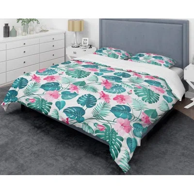 Design Art Tropical Botanicals And Flowers Mid-century Duvet Cover Set In Blue