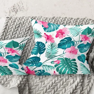 Design Art Tropical Botanicals And Flowers - Mid-century Modern Printed Throw Pillow In Blue