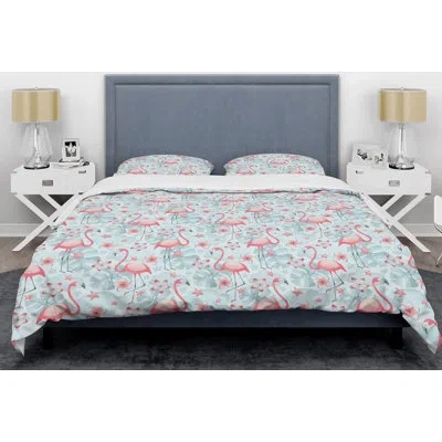 Design Art Tropical Botanicals, Flowers And Flamingo Iii Mid-century Duvet Cover Set In Blue,red,yellow