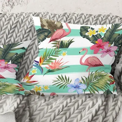 Design Art Tropical Botanicals, Flowers And Flamingo - Mid-century Modern Printed Throw Pillow In Blue