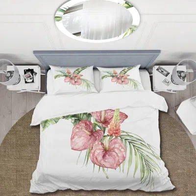 Design Art Tropical Bouquet With Anthurium Lupine & Leaves Ii - Traditional Polyester Duvet Cover Set In Red