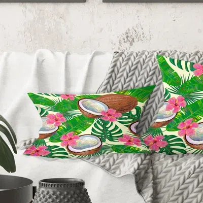 Design Art Tropical Cooconut And Jungle Flowers - Mid-century Modern Printed Throw Pillow