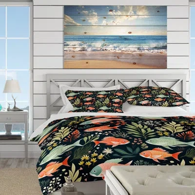 Design Art Tropical Fish Fiesta Coastal Pattern - Coastal Duvet Cover Set In Green