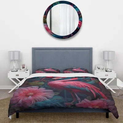 Design Art Tropical Flamingo Grace Iii - Flamingo Duvet Cover Set In Pink;teal