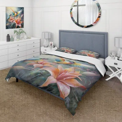 Design Art Tropical Flowers With Beautiful Bird - Birds Of Paradise Duvet Cover Set - Microfiber Polyester In Teal;peach