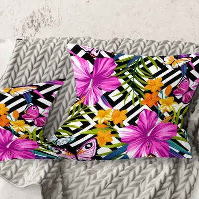 Design Art Tropical Foliage And Geometrics - Mid-century Modern Printed Throw Pillow In Blue;white;green;red;yellow;pink