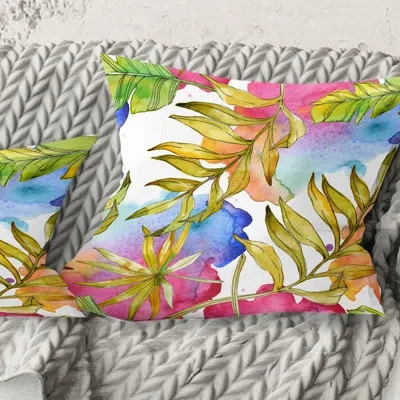 Design Art Tropical Foliage Iv - Mid-century Modernprinted Throw Pillow In Blue;white;green;red;yellow;pink