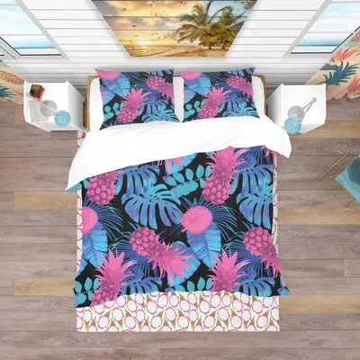 Design Art Tropical Fruits & Palm Leaves - Food Tropical Duvet Cover Set - Microfiber Polyester In Black