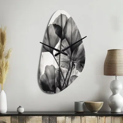 Design Art Tropical Ginkgo Leaves Ii - Leaves Asymmetrical Metal Clock, Traditional Freeform Wall Clock Print In Gray
