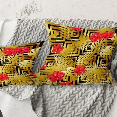 Design Art Tropical Gold Luxury Pattern I - Mid-century Modern Printed Throw Pillow In Yellow