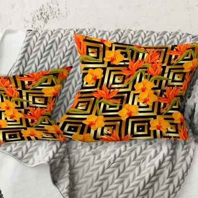 Design Art Tropical Gold Luxury Pattern Iii - Mid-century Modern Printed Throw Pillow In Orange