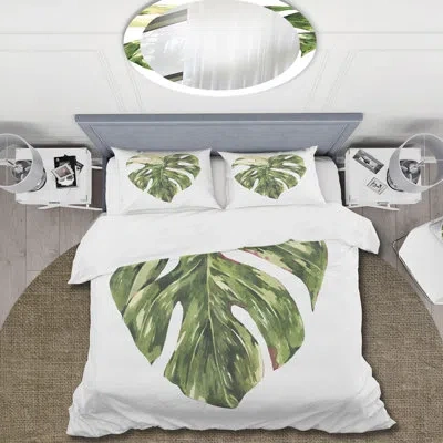 Design Art Tropical Green Leaves In Summer Times Iii - Tropical Duvet Cover Set - Microfiber Polyester In White;green