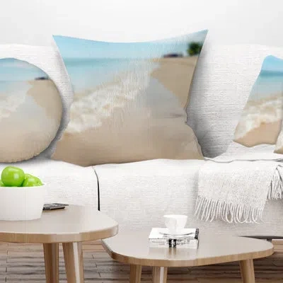Design Art Tropical Island Beach Waves - Sea & Shore Printed Pillow In Blue
