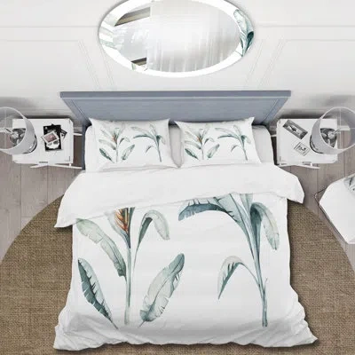 Design Art Tropical Jungle Leaves - Bohemian & Eclectic Duvet Cover Set - Microfiber Polyester In Gray,white,brown;gray,white,brown